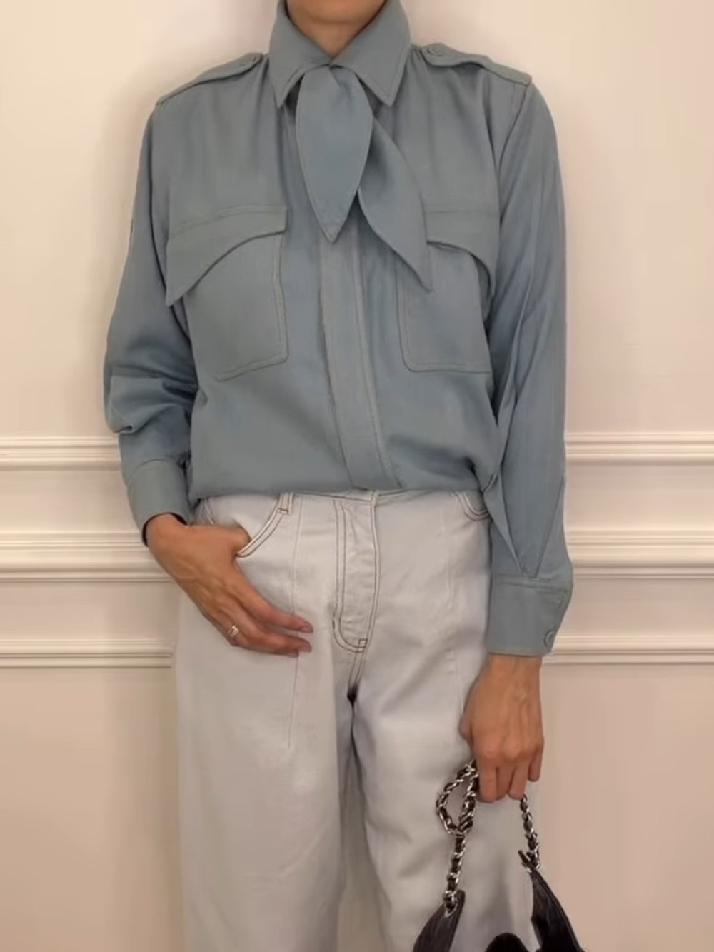 Blue Raw Silk Bow Tie Neck Blouse